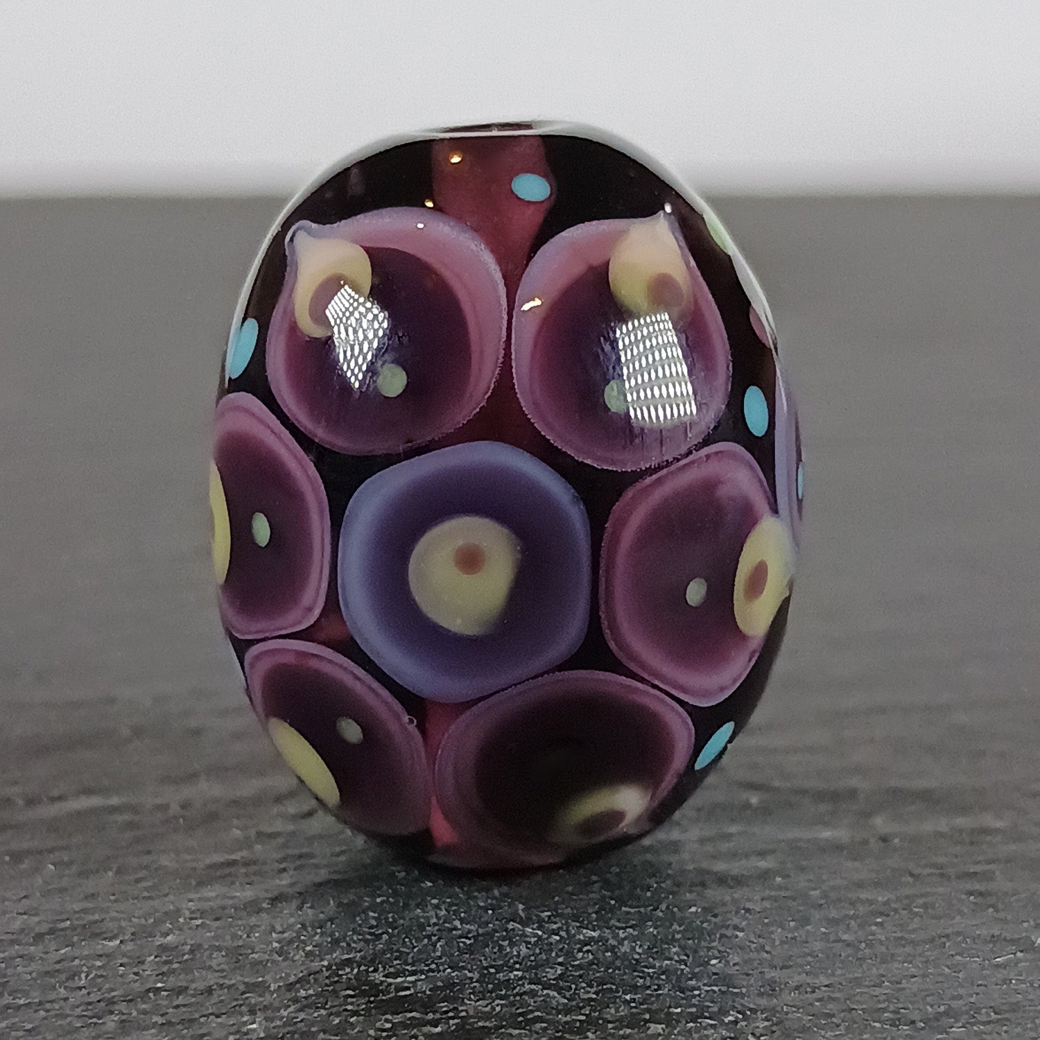 Dark purple and amber chunky oval mandala lampwork focal bead Jolene Beads