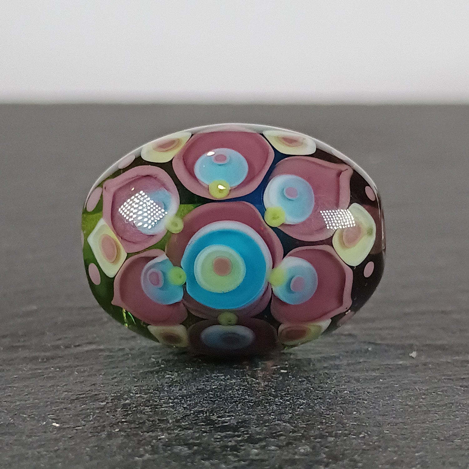 Lime, blue and aqua chunky oval mandala lampwork focal bead Jolene Beads