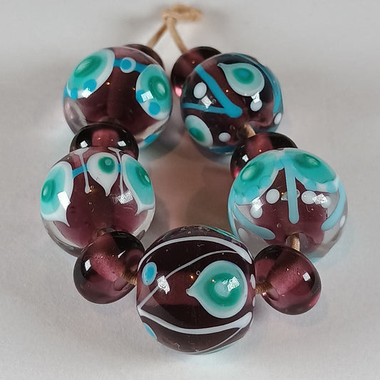 Purple, turquoise and white stacked dot lampwork glass bead set Jolene Beads