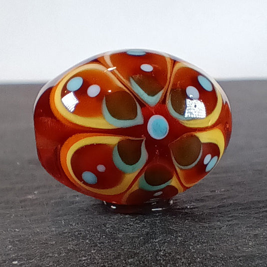 Topaz brown and turquoise chunky oval mandala lampwork focal bead Jolene Beads