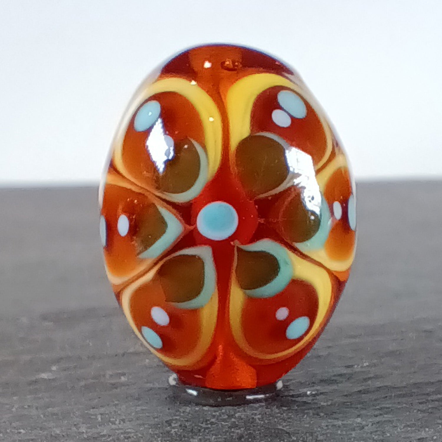 Topaz brown and turquoise chunky oval mandala lampwork focal bead Jolene Beads