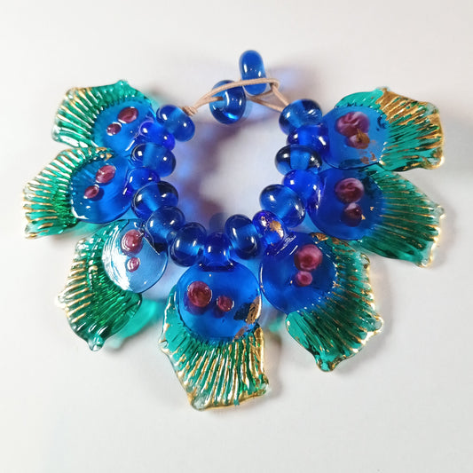 Blue and teal glass butterfly wing bead set with gold leaf Jolene Beads