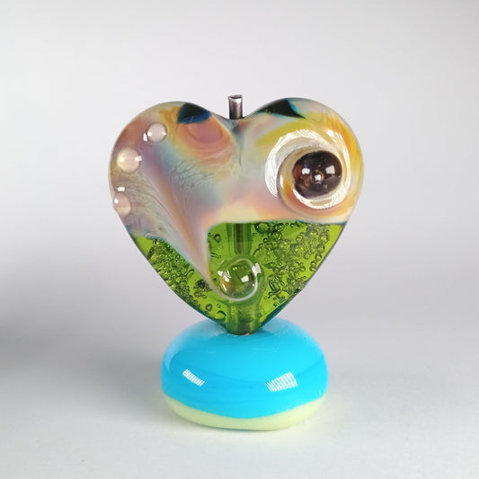Green and raku focal lampwork heart bead - Jolene Beads - lampwork beads & jewellery
