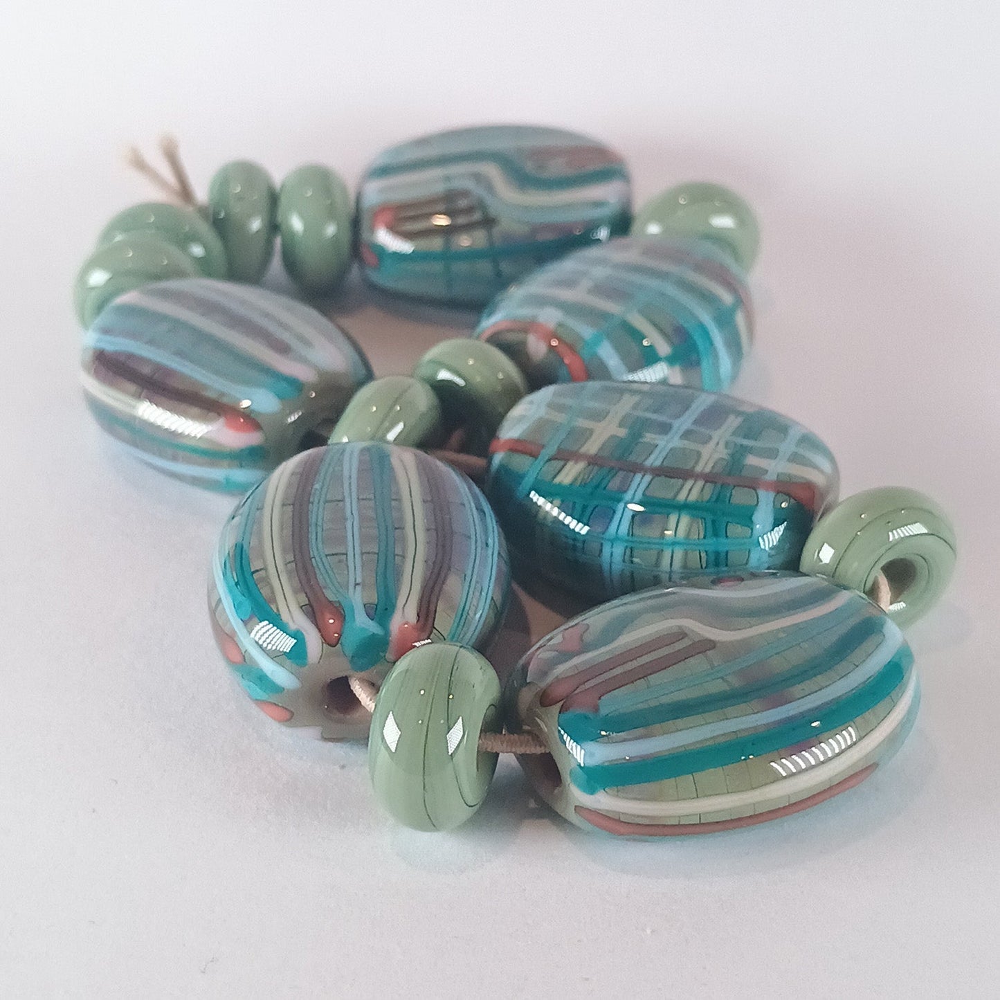 Green pressed oval fabric inspired lampwork bead set - Jolene Beads - lampwork beads & jewellery