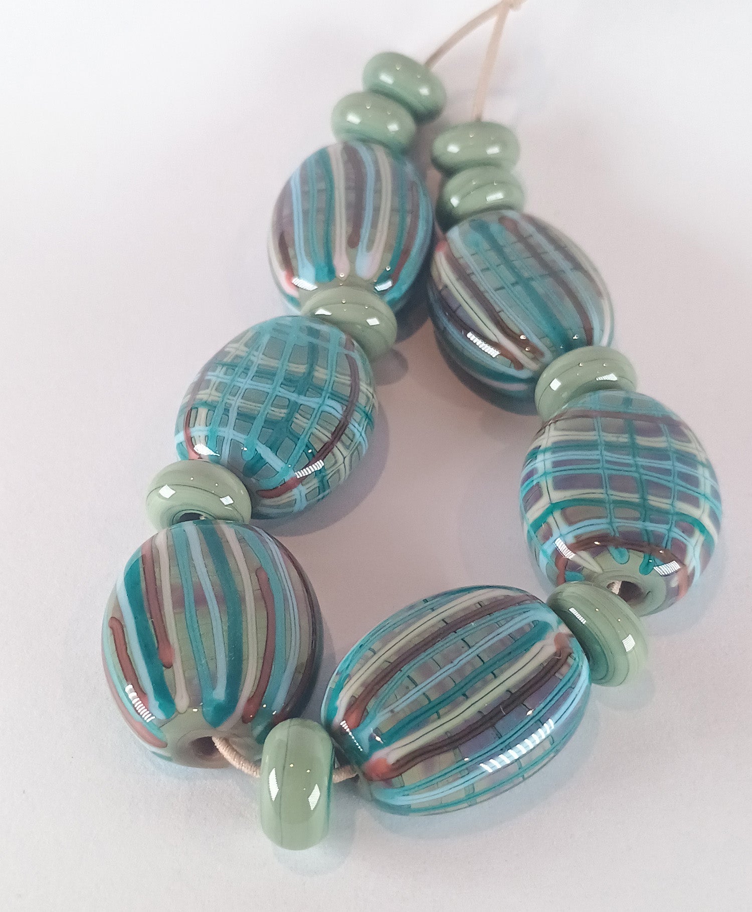 Green pressed oval fabric inspired lampwork bead set - Jolene Beads - lampwork beads & jewellery