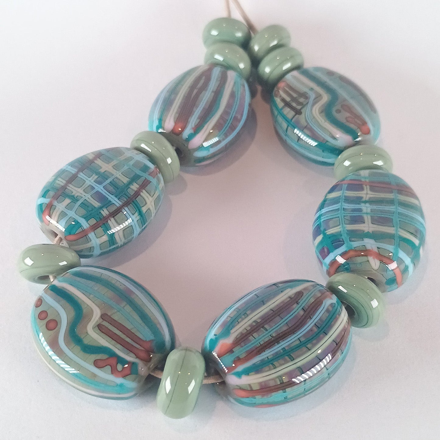 Green pressed oval fabric inspired lampwork bead set - Jolene Beads - lampwork beads & jewellery