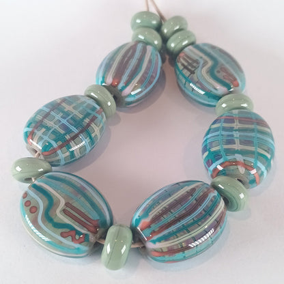 Green pressed oval fabric inspired lampwork bead set - Jolene Beads - lampwork beads & jewellery