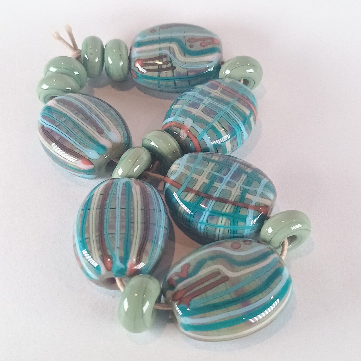 Green pressed oval fabric inspired lampwork bead set - Jolene Beads - lampwork beads & jewellery