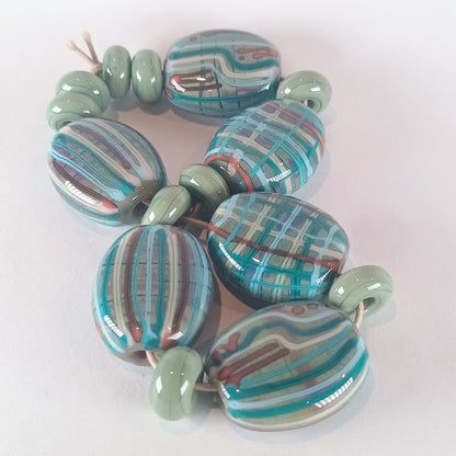 Green pressed oval fabric inspired lampwork bead set - Jolene Beads - lampwork beads & jewellery