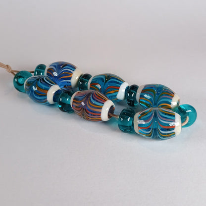 Striped aqua olive shaped lampwork bead set Jolene Beads