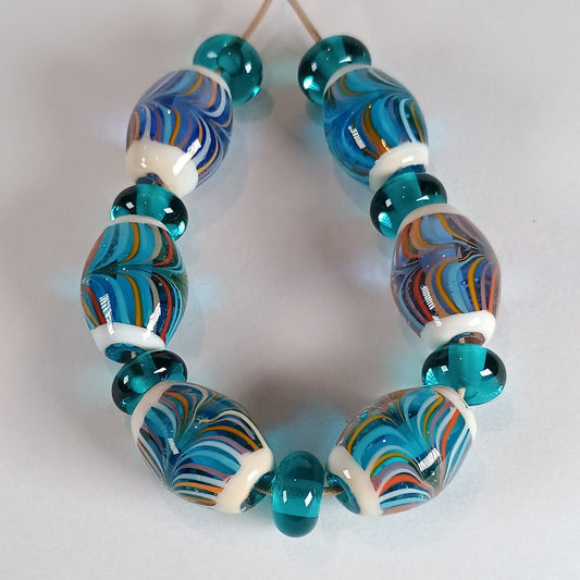 Striped aqua olive shaped lampwork bead set Jolene Beads