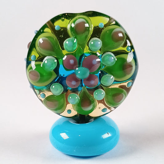 Green straight sided lentil mandala lampwork bead Jolene Beads