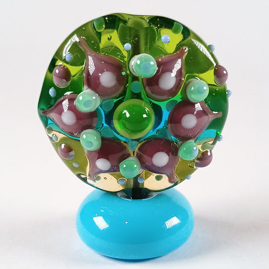 Green straight sided lentil mandala lampwork bead Jolene Beads