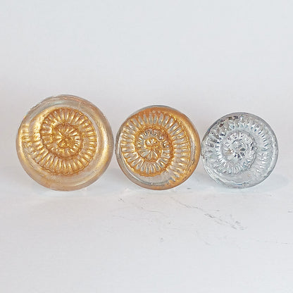 Clear glass ammonite texture drawer knobs with gold or silver detail 