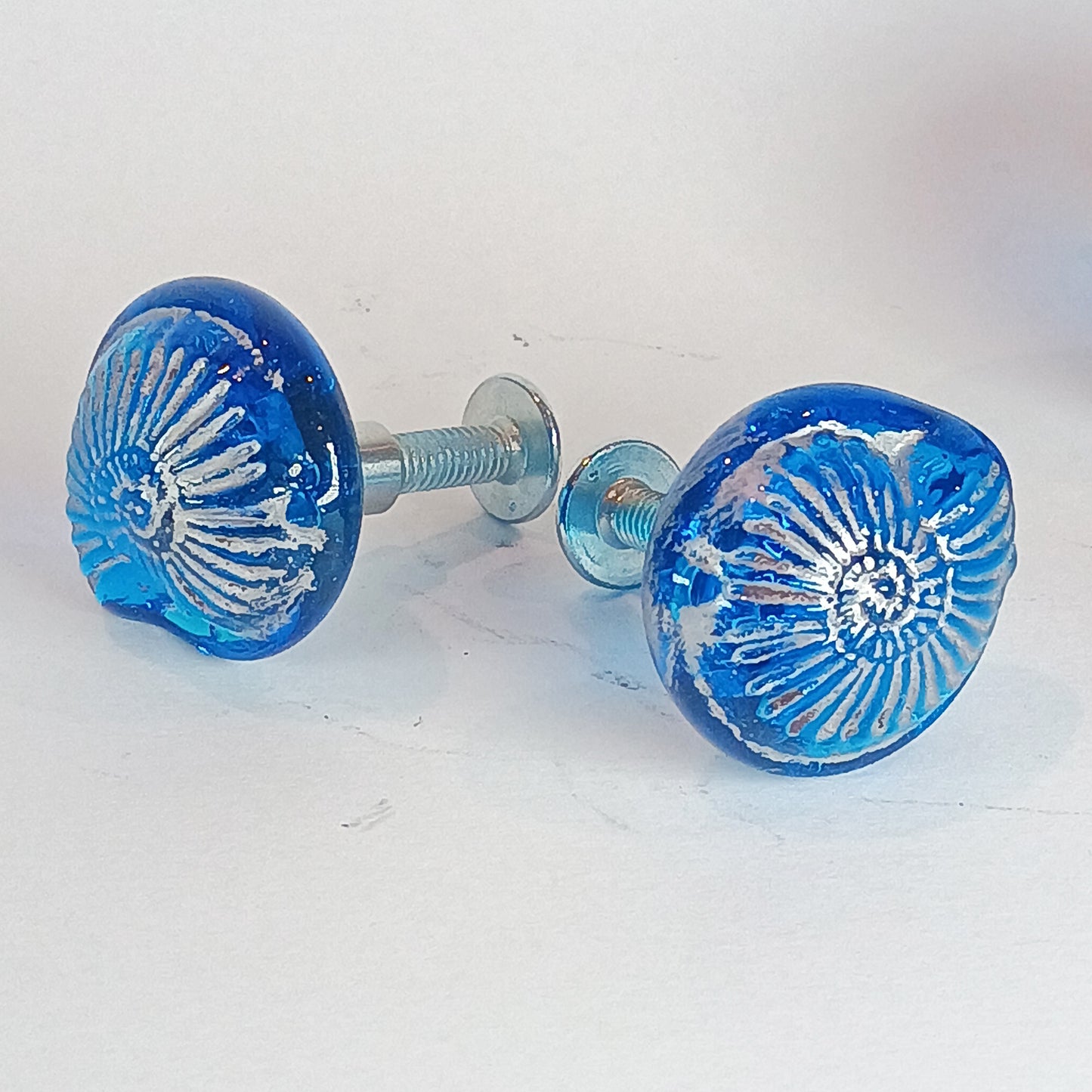 Beach themed aqua blue glass cabinet knobs. Handmade lampwork shell handles