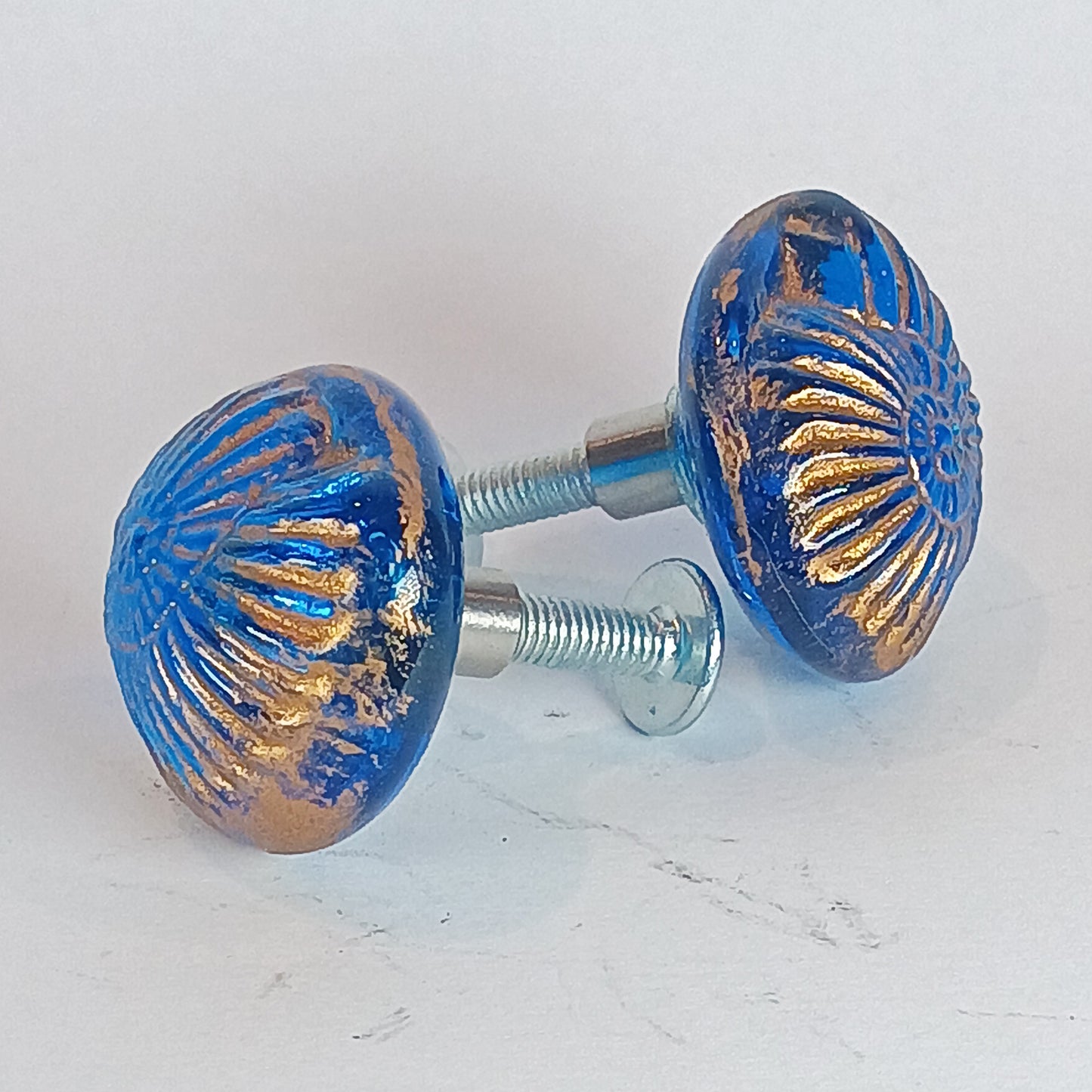 Aqua blue glass cabinet knobs. Handmade lampwork shell handles for drawers