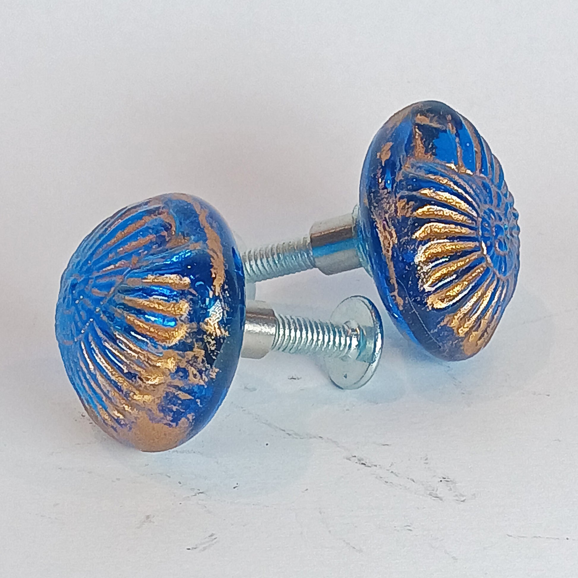 Aqua blue glass cabinet knobs. Handmade lampwork shell handles for drawers