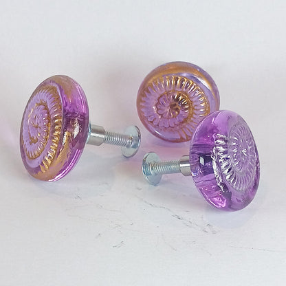 Purple glass cabinet and drawer knobs with ammonite texture and gold or silver detail