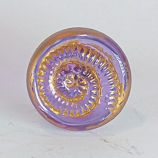 Lilac handmade glass cabinet and drawer knobs with ammonite texture and gold detail