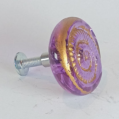 Lilac handmade glass cabinet and drawer knobs with ammonite texture and gold detail