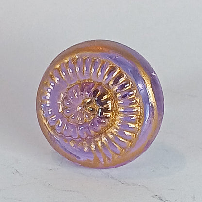 Lilac handmade glass cabinet and drawer knobs with ammonite texture and gold detail