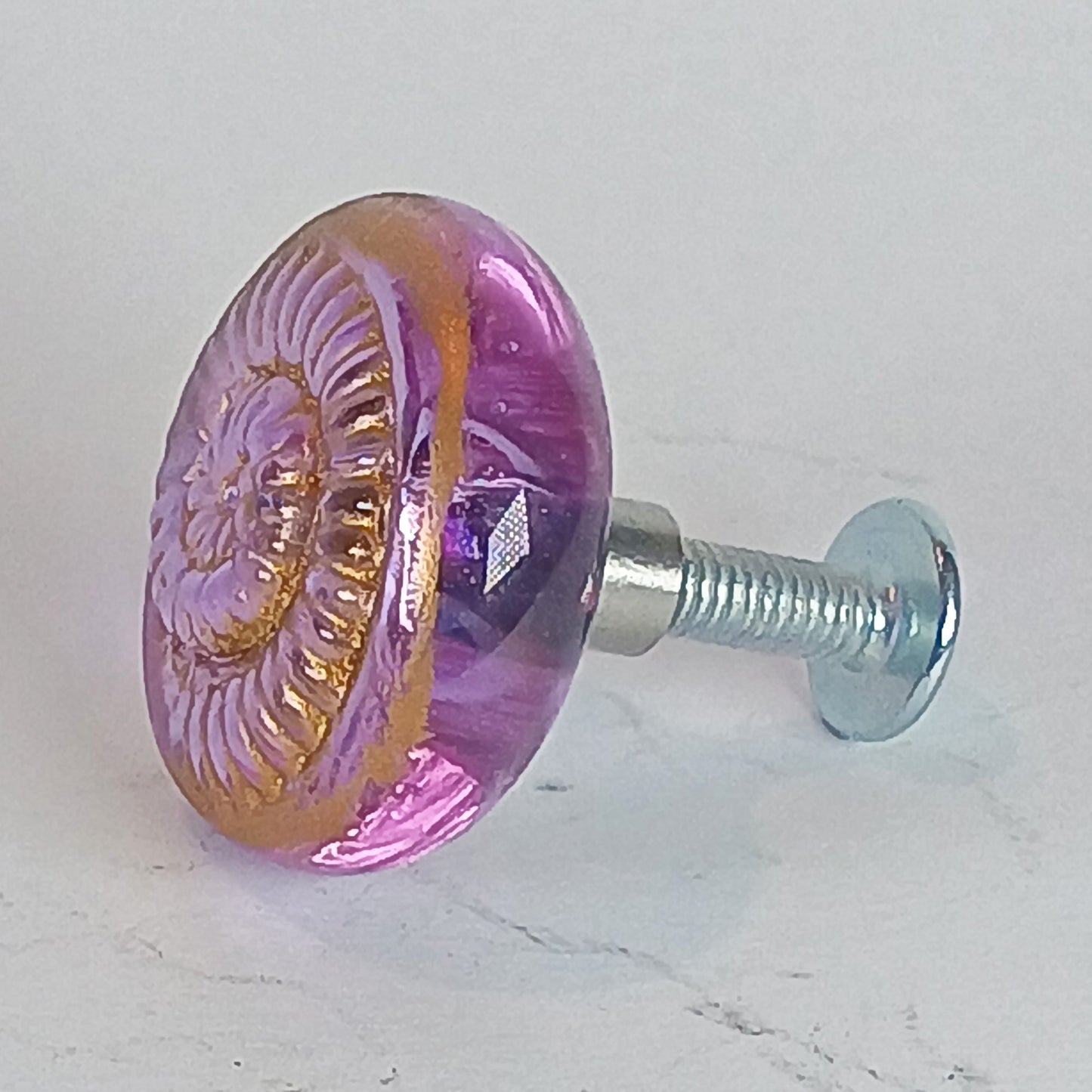 Lilac handmade glass cabinet and drawer knobs with ammonite texture and gold detail