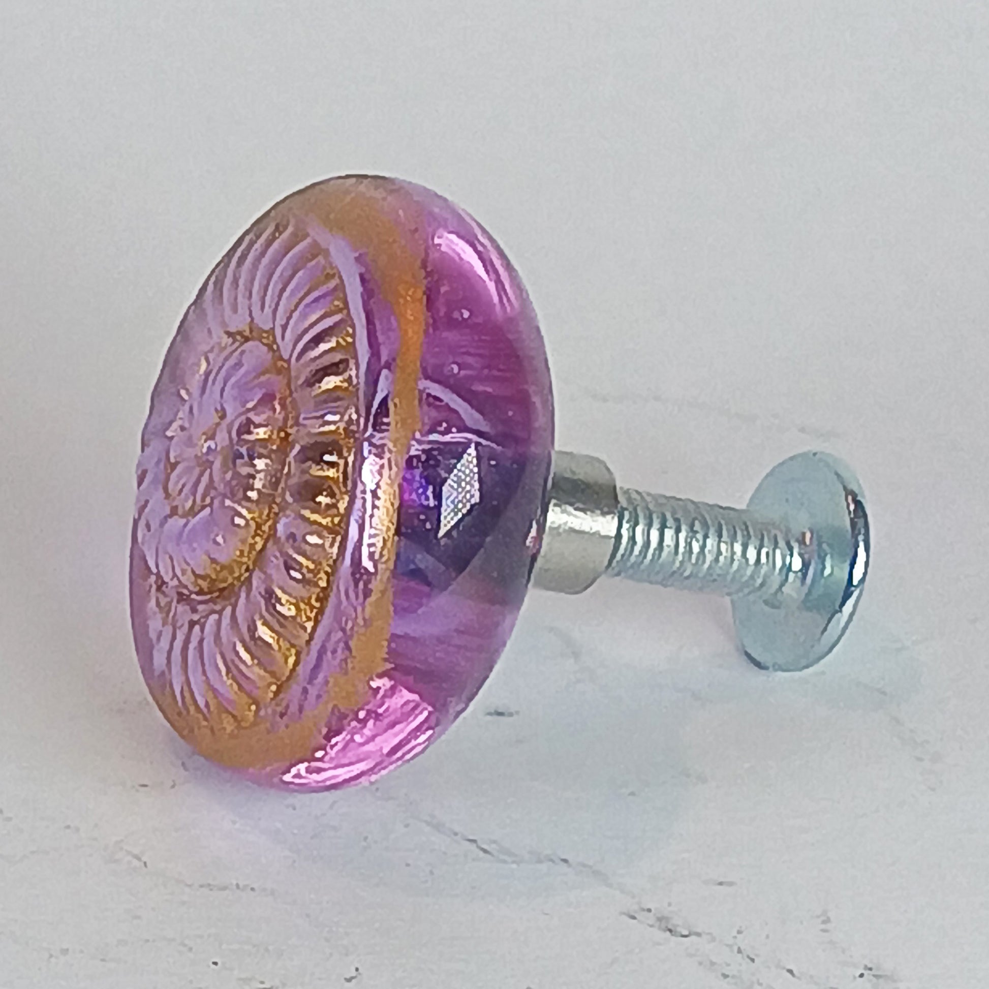 Lilac handmade glass cabinet and drawer knobs with ammonite texture and gold detail