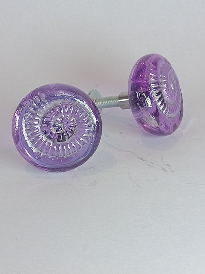 Lilac handmade glass cabinet and drawer knobs with ammonite texture and silver detail