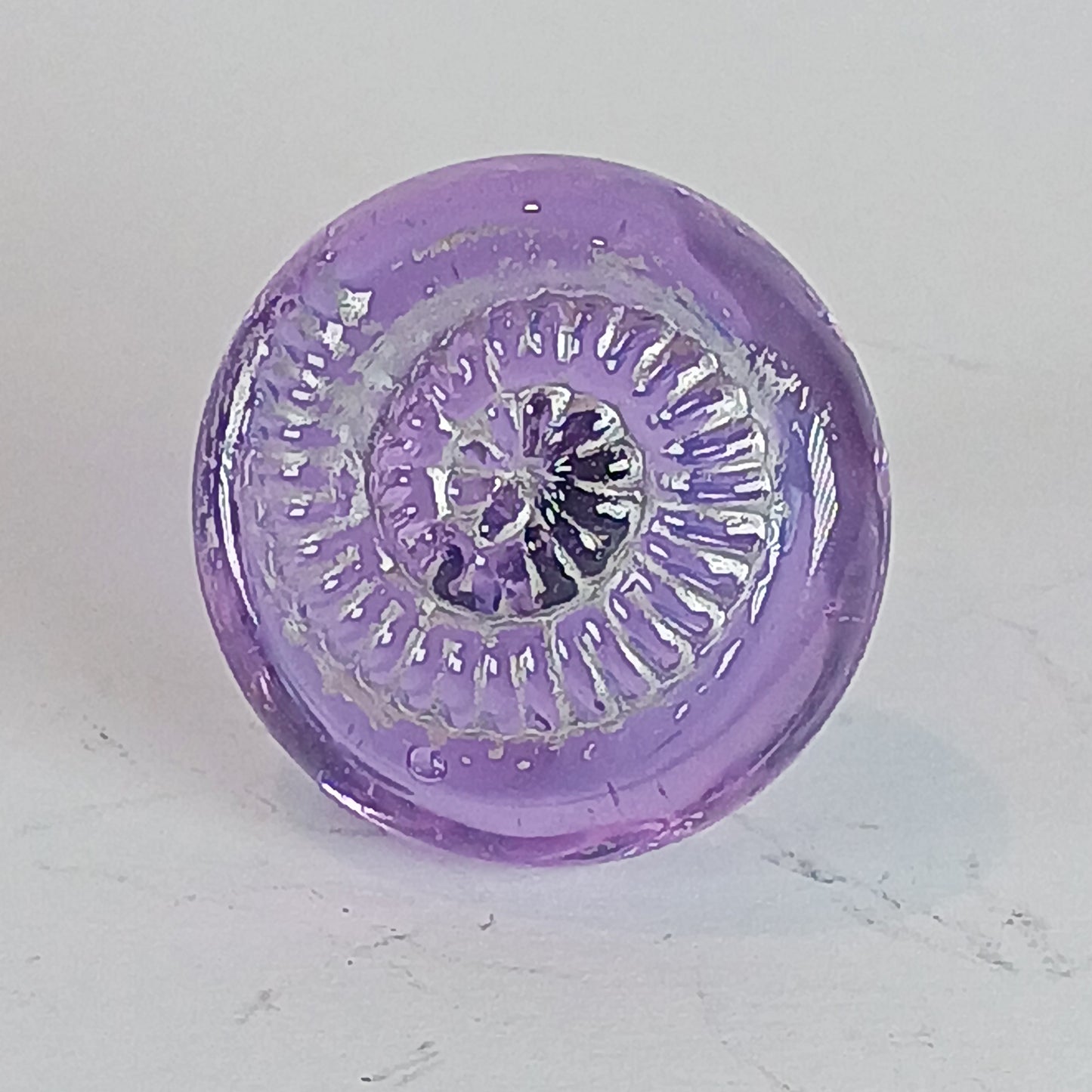 Lilac handmade lampwork cabinet and drawer knobs with ammonite texture and silver detail
