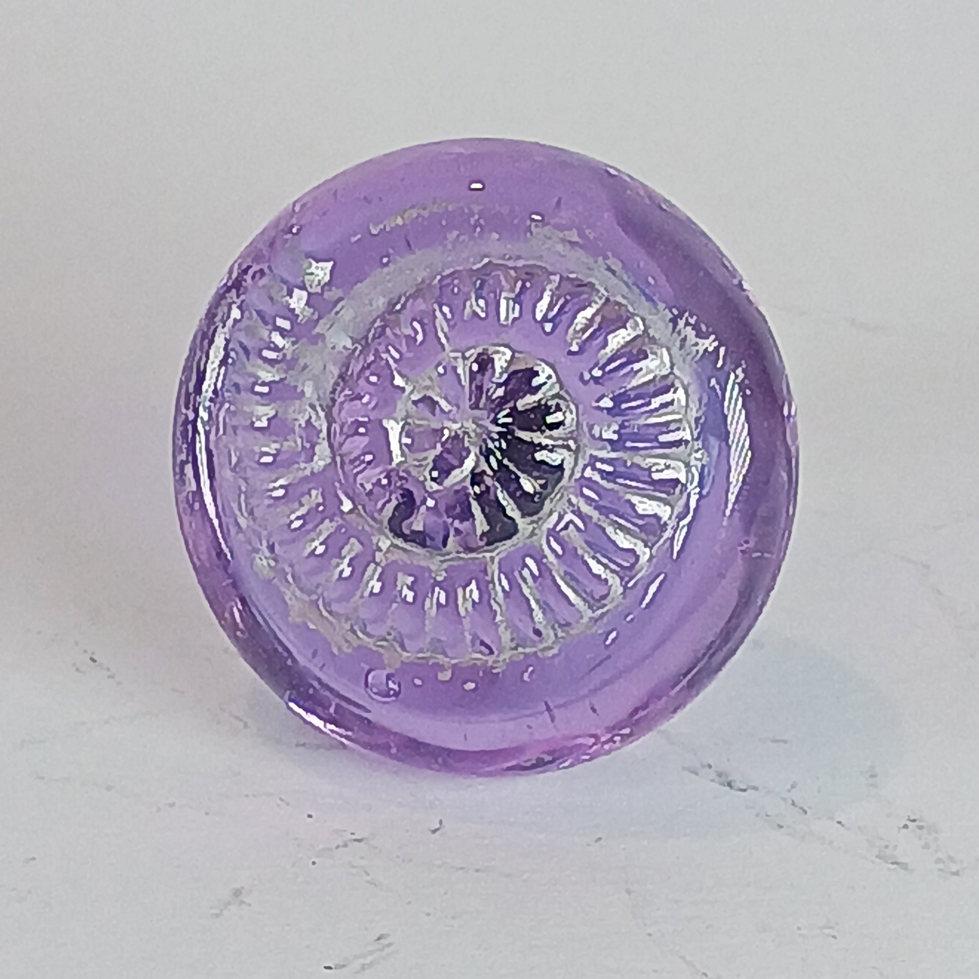 Lilac handmade lampwork cabinet and drawer knobs with ammonite texture and silver detail