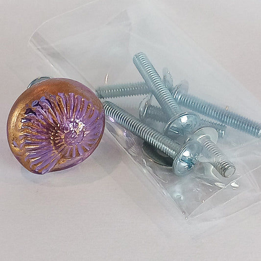 Lilac handmade glass cabinet and drawer knobs with shell texture and gold detail