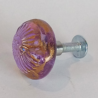 Lilac handmade glass cabinet and drawer knobs with shell texture and gold detail