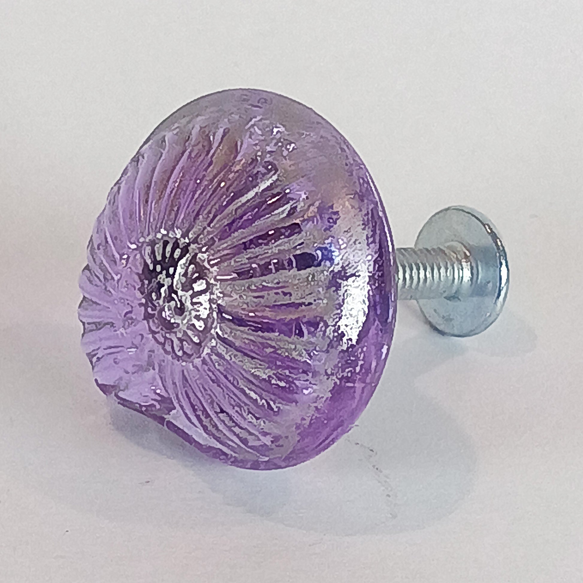 Lilac handmade glass cabinet and drawer knobs with ammonite texture and silver detail