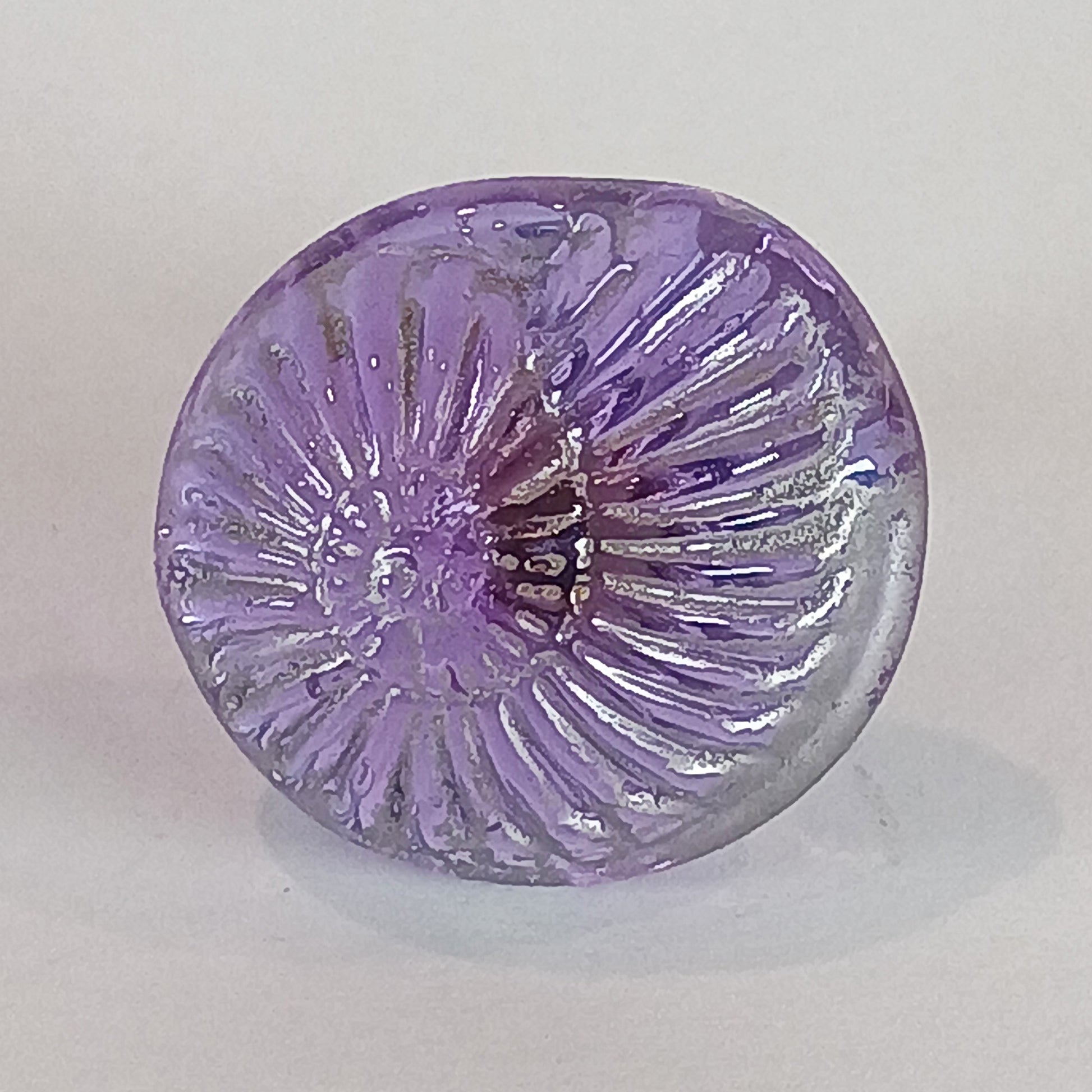 Lilac handmade glass cabinet and drawer knobs with a shell design and silver detail