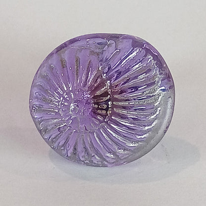 Lilac handmade glass cabinet and drawer knobs with a shell design and silver detail