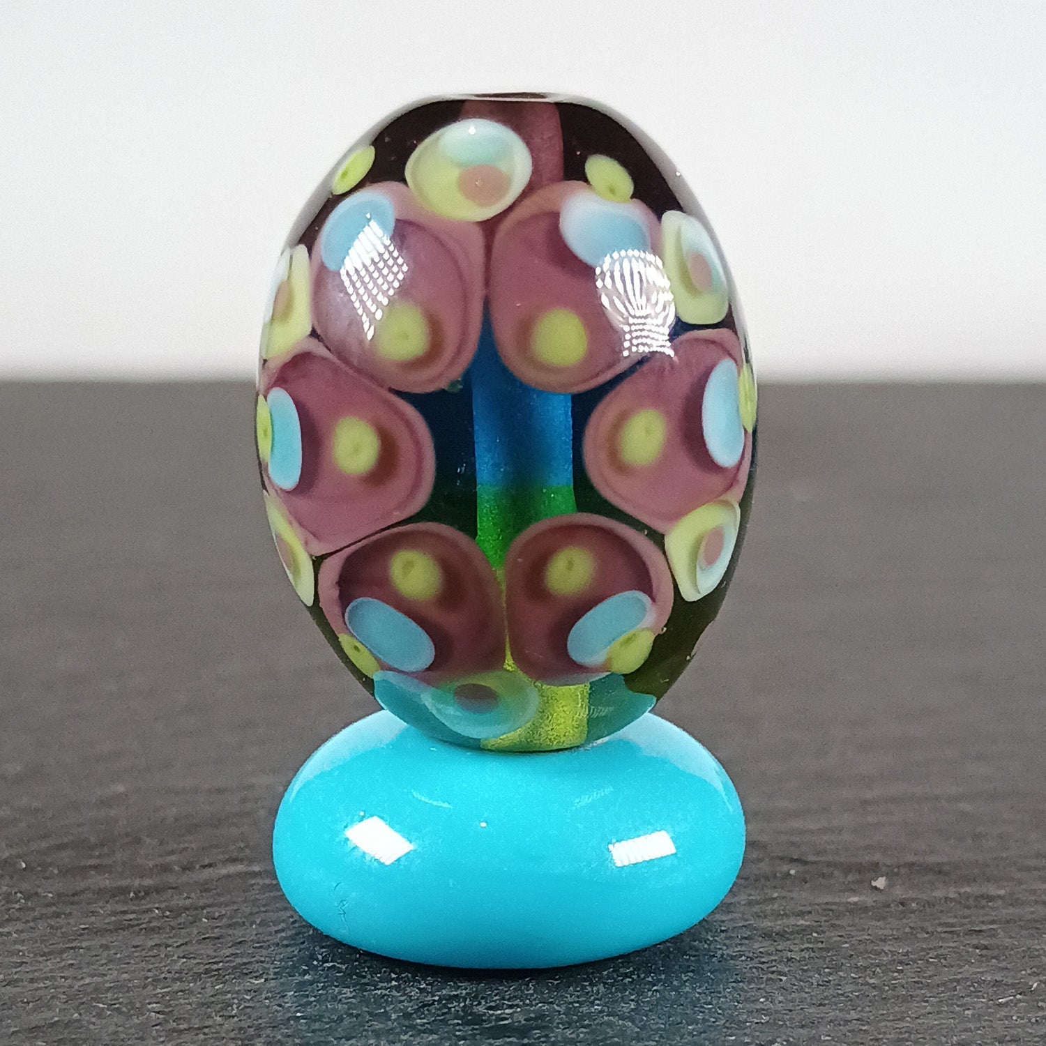 Lime, blue and aqua chunky oval mandala lampwork focal bead - Jolene Beads - lampwork beads & jewellery