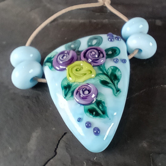 Mottled blue tea rose triangle lampwork focal bead - Jolene Beads - lampwork beads & jewellery