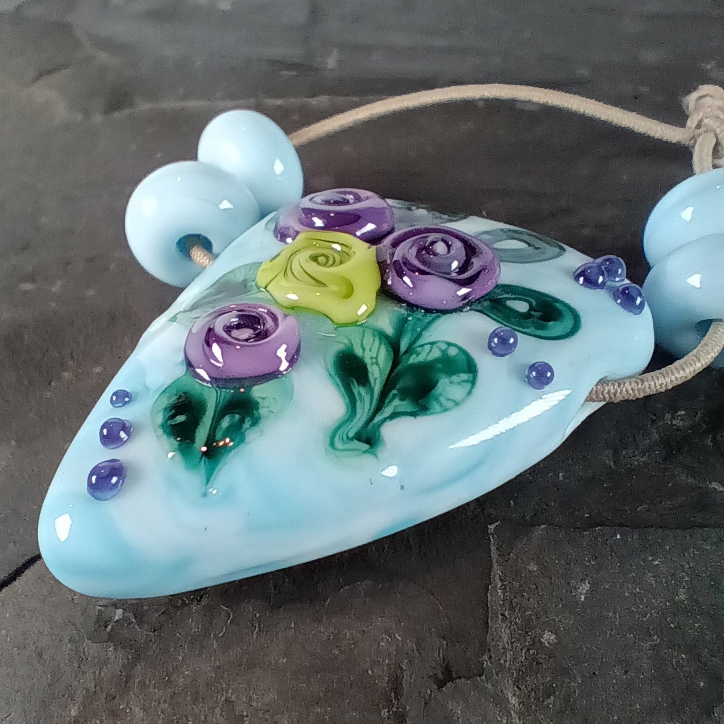 Mottled blue tea rose triangle lampwork focal bead - Jolene Beads - lampwork beads & jewellery