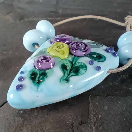 Mottled blue tea rose triangle lampwork focal bead - Jolene Beads - lampwork beads & jewellery