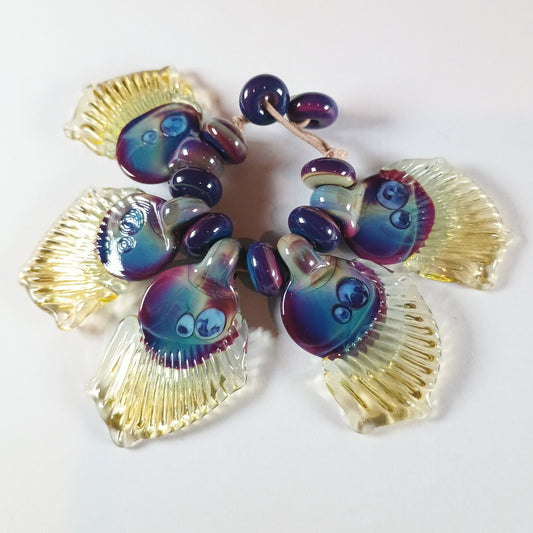 Multicolor and yellow glass butterfly wing bead set with gold leaf - Jolene Beads - lampwork beads & jewellery