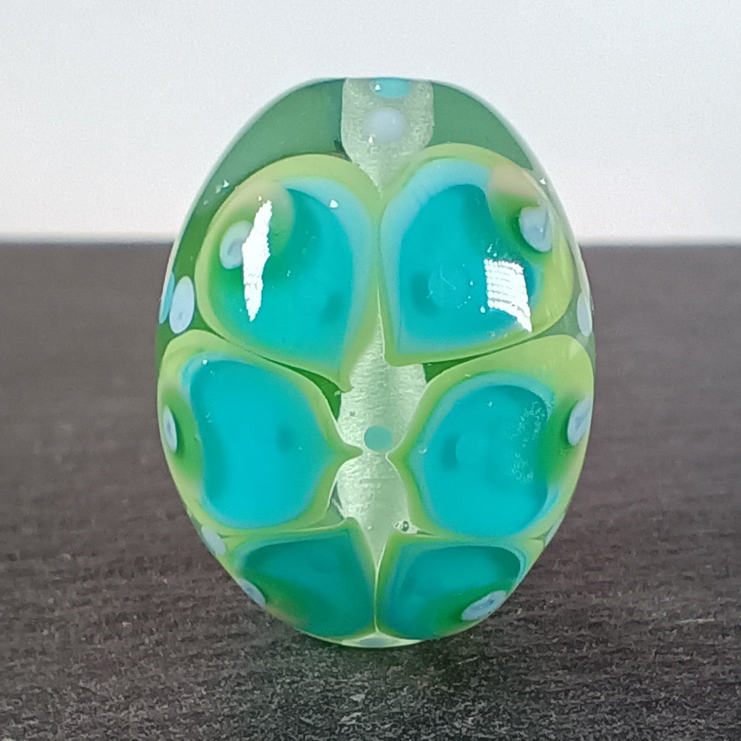 Pale green and aqua chunky oval mandala lampwork focal bead - Jolene Beads - lampwork beads & jewellery