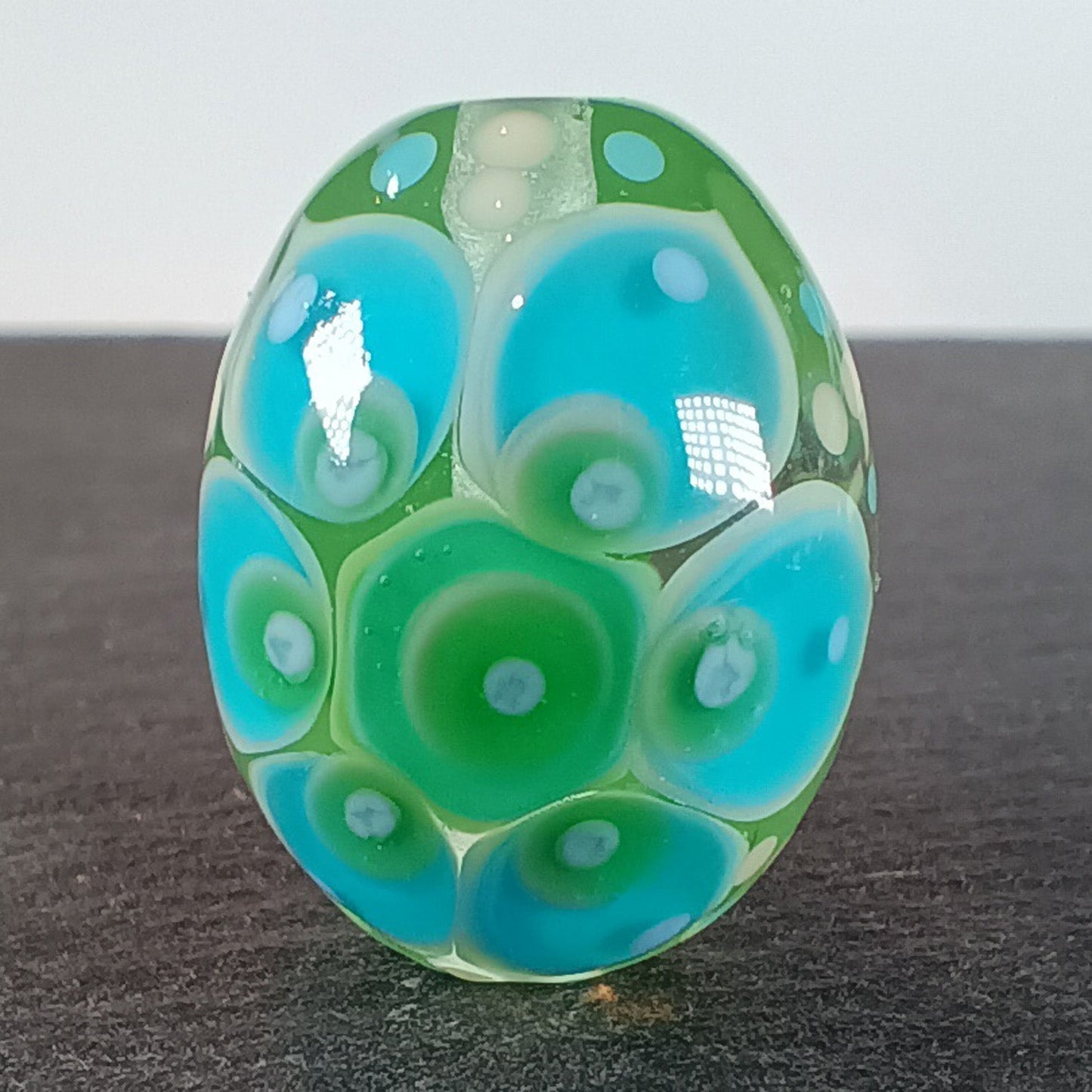 Pale green and aqua chunky oval mandala lampwork focal bead - Jolene Beads - lampwork beads & jewellery