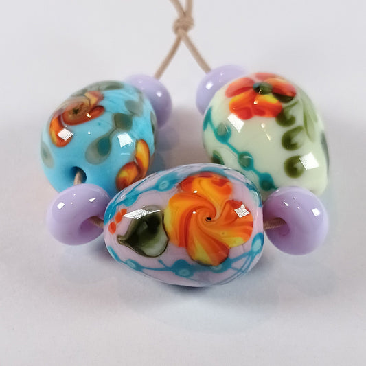 Pastel egg bead trio with delicate flowers - Jolene Beads - lampwork beads & jewellery
