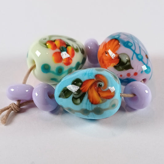 Pastel egg bead trio with delicate flowers - Jolene Beads - lampwork beads & jewellery