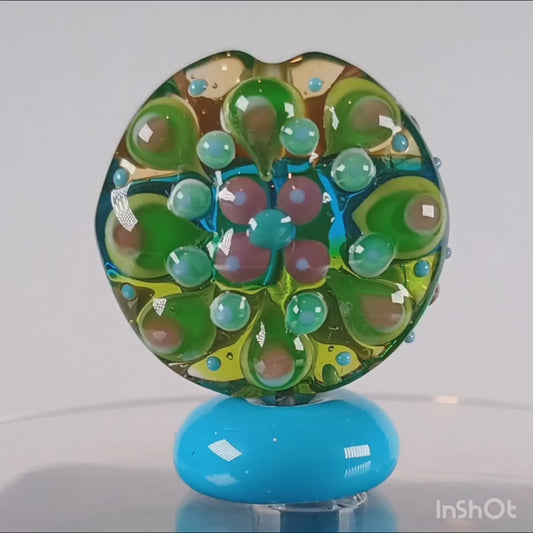 Green straight sided lentil mandala lampwork bead