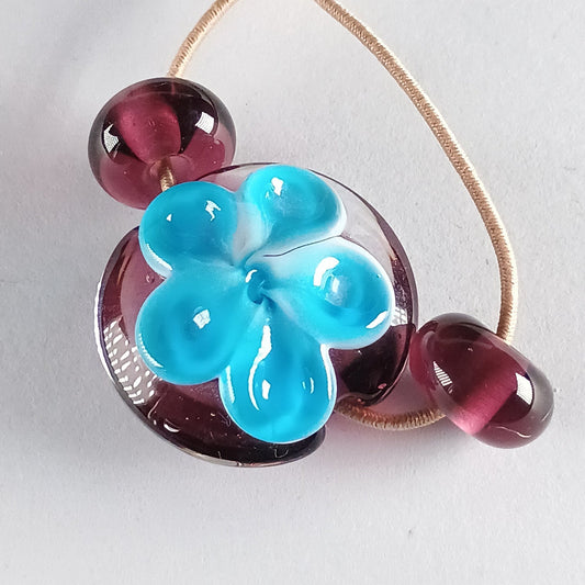 Purple, white and aqua flower lentil bead with spacers - Jolene Beads - lampwork beads & jewellery