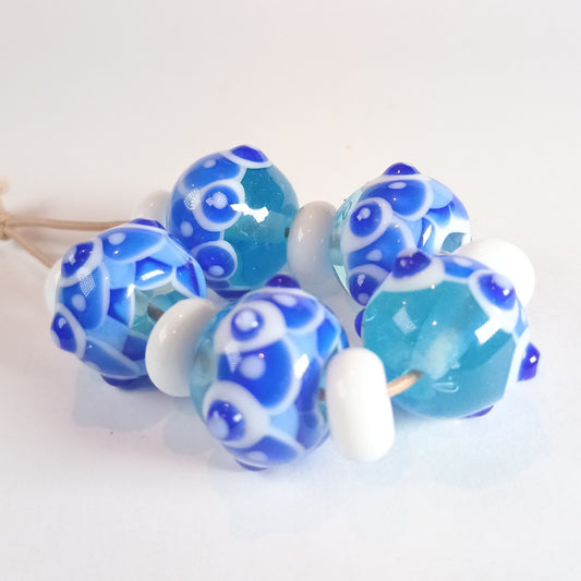Pale blue harlequin lampwork bead set Jolene Beads
