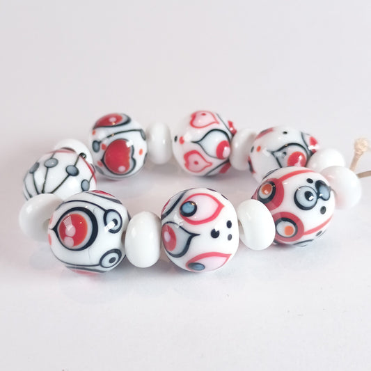 White, black and red statement lampwork bead set Jolene Beads