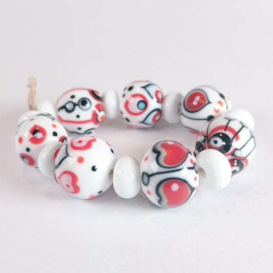 White, black and red statement lampwork bead set Jolene Beads