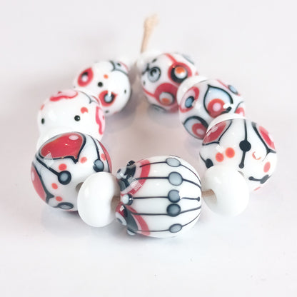 White, black and red statement lampwork bead set Jolene Beads